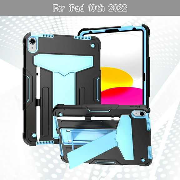 Decase Case for Apple iPad 10th Generation 10.9-inch,Shockproof Rubber Heavy Duty Rugged 3-Layer Protetion Kickstand Armor Cover with Pencil Holder, Black+Blue