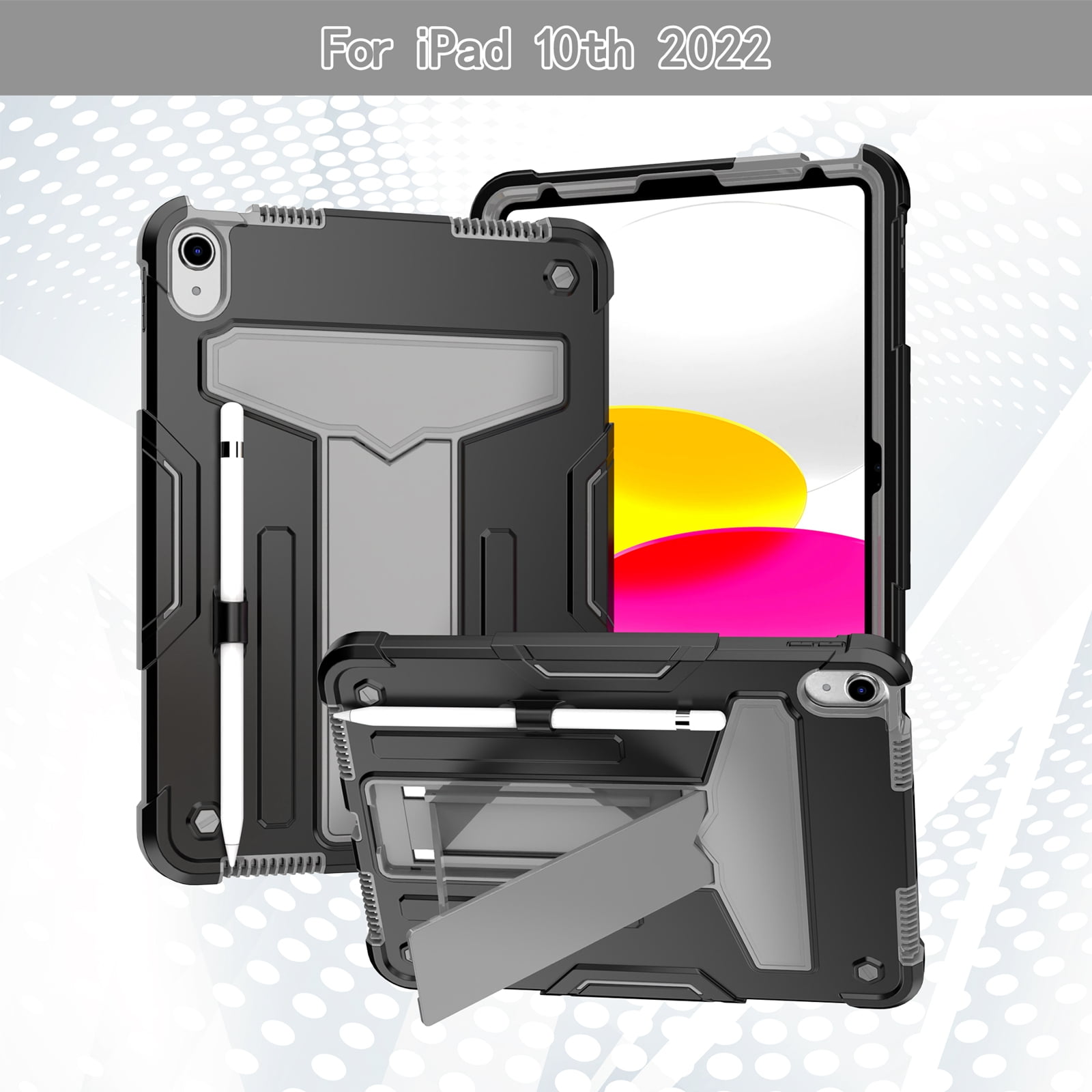 Decase Case for Apple iPad 10th Generation 10.9-inch,Shockproof Rubber Heavy Duty Rugged 3-Layer Protetion Kickstand Armor Cover with Pencil Holder, Black+Gray