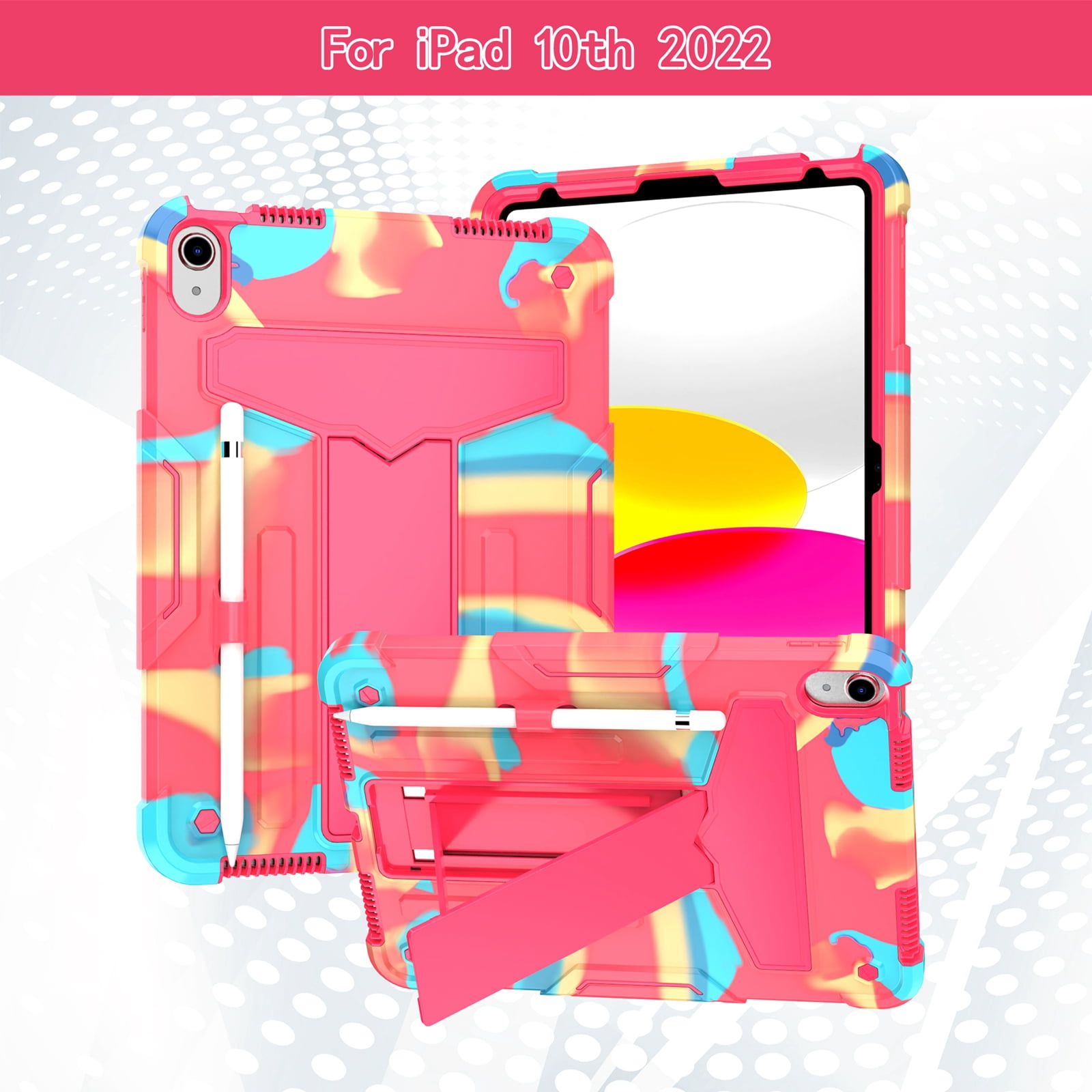 Decase Case for Apple iPad 10th Generation 10.9-inch,Shockproof Rubber Heavy Duty Rugged 3-Layer Protetion Kickstand Armor Cover with Pencil Holder, Colorful Rose