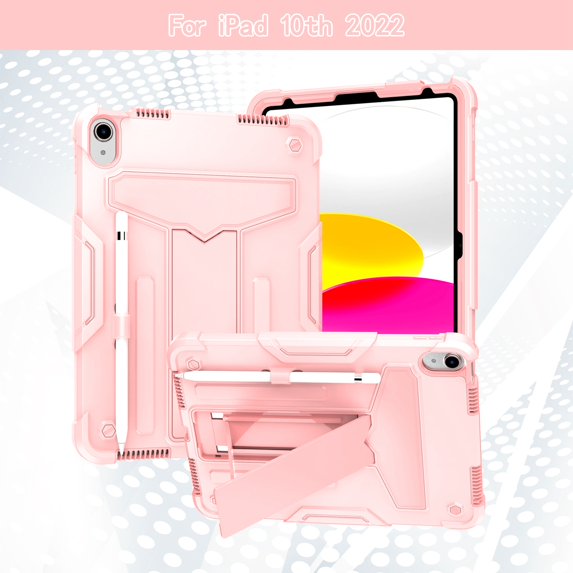 Decase Case for Apple iPad 10th Generation 10.9-inch,Shockproof Rubber Heavy Duty Rugged 3-Layer Protetion Kickstand Armor Cover with Pencil Holder, Rosegold