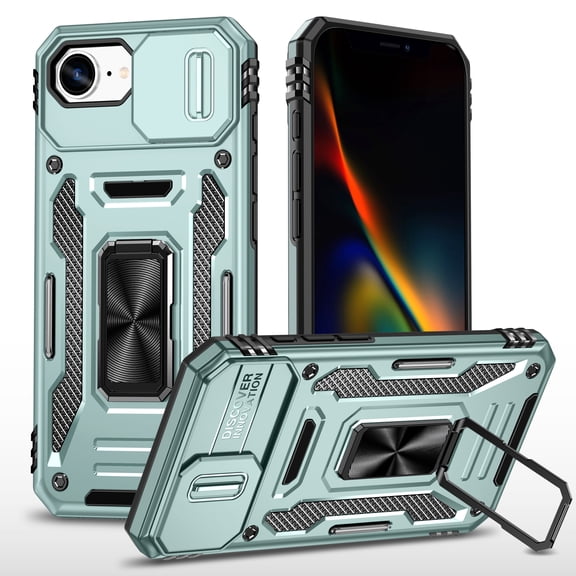 Decase Case for Apple iPhone 16e Phone Case with Slide Lens Cover, with Ring Holder Kickstand, with Magnetic Car Mount Function, Heavy Duty Hybrid Hard Cover for iPhone 16e 2024,Darkgreen