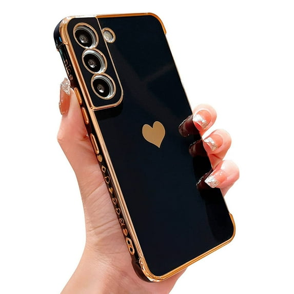 Decase Case for Samsung Galaxy S22,Luxury Plating Love Heart Phone Case with Camera Protection Soft TPU Bumper Corner Protection Shockproof Case Cover 6.1 inch, Black