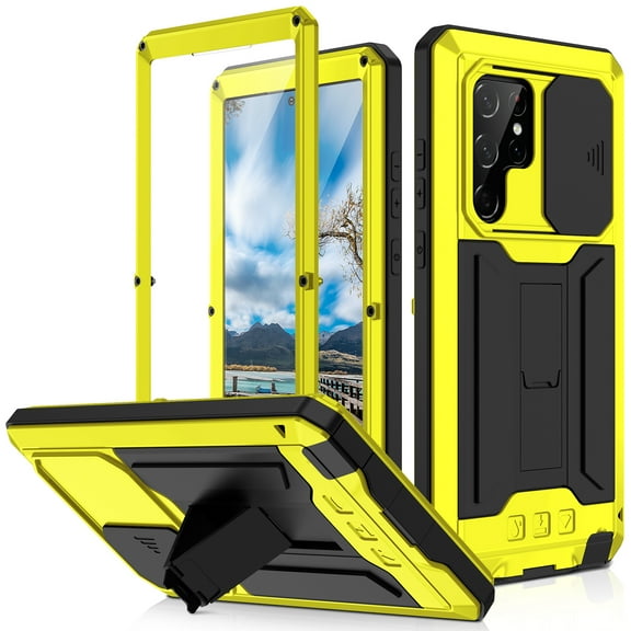 Decase Case for Samsung Galaxy S22 Ultra 5G, Built-in 3D Screen Protector, Heavy Duty Rugged Shockproof Protective Cover Case with Kickstand Slide lens for Samsung Galaxy S22 Ultra,Yellow