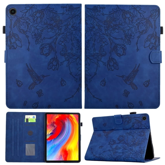 Decase Case for Samsung Galaxy Tab A11+ 11" 2025,Embossed Suede Leather Flip Cover for Woman Men,Fashion Bird Flower Embossing Folio Stand Cover for Galaxy A11+/A9+,Darkblue