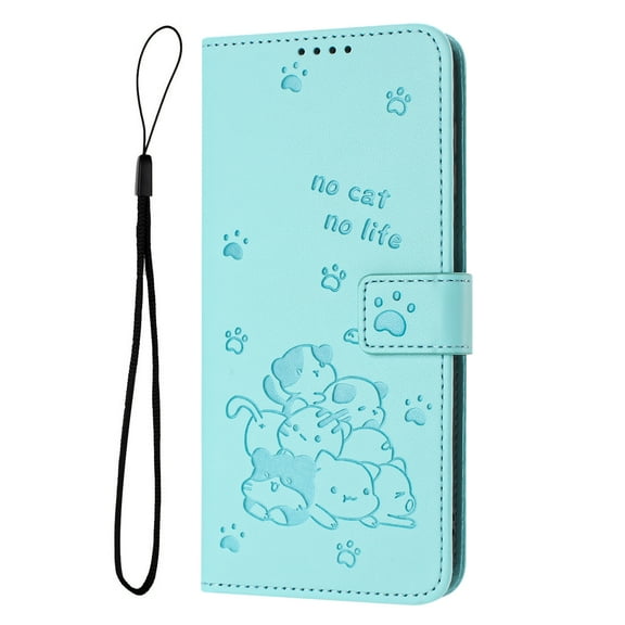 Decase Case for Google Pixel 6a, Embossed Cat Wallet Leather Case Cover with Cash Slots & Wrist Strap,Green