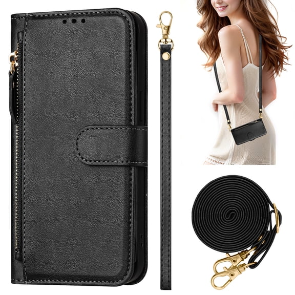 Decase Case for Google Pixel 8, Wallet Phone Case Leather Stand Cover with Shoulder Strap, Wireless Charging,Black