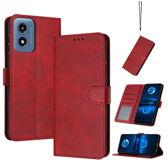 Decase Case for Moto G Play 4G (2024), Flip Wallet Case with Wrist Strap, Shockproof PU Leather Cover Built-in Stand,Red