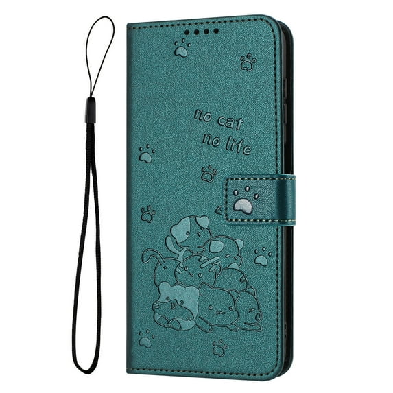 Decase Case for Samsung Galaxy A26 5G, Embossed Cat Wallet Leather Case Cover with Cash Slots & Wrist Strap,Darkgreen