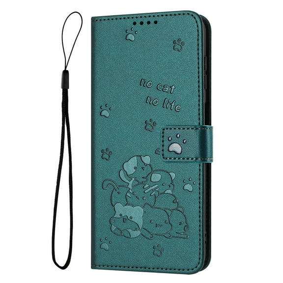 Decase Case for Samsung Galaxy A26 5G, Embossed Cat Wallet Leather Case Cover with Cash Slots & Wrist Strap,Darkgreen
