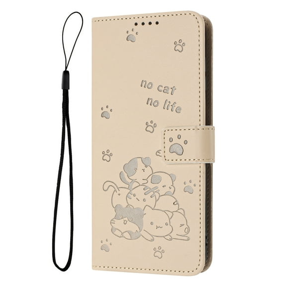 Decase Case for Samsung Galaxy S22, Embossed Cat Wallet Leather Case Cover with Cash Slots & Wrist Strap,Beige