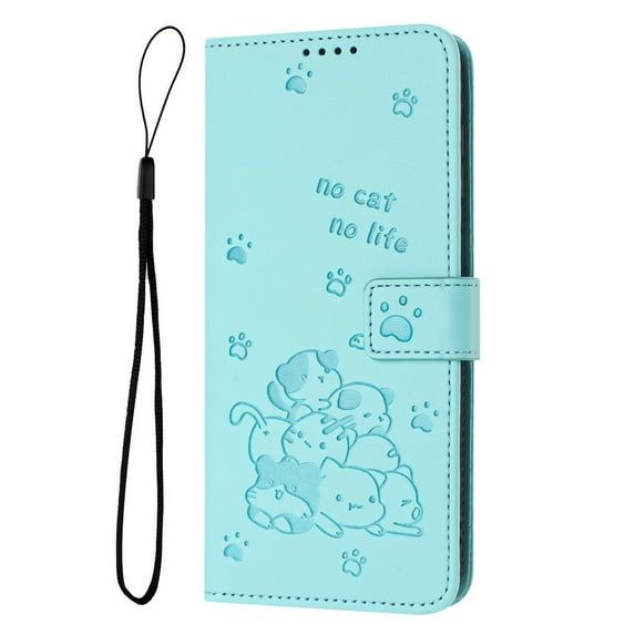 Decase Case for Samsung Galaxy S22, Embossed Cat Wallet Leather Case Cover with Cash Slots & Wrist Strap,Green