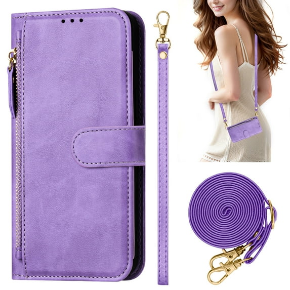 Decase Case for Samsung Galaxy S23 Ultra, Wallet Phone Case Leather Stand Cover with Shoulder Strap, Wireless Charging,Purple