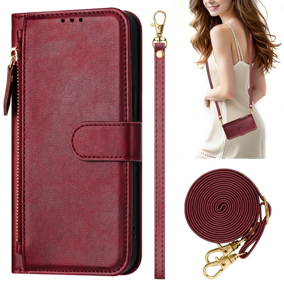 Decase Case for Samsung Galaxy S23 Ultra, Wallet Phone Case Leather Stand Cover with Shoulder Strap, Wireless Charging,Winered