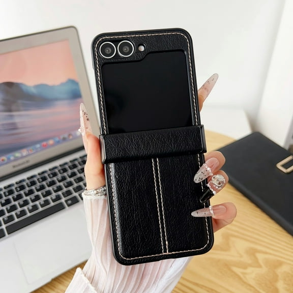 Decase Case for Samsung Galaxy Z Flip 7, Classic Shockproof Faux Leather Phone Case Slim Cover,Black