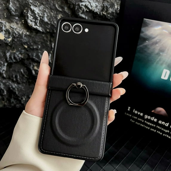 Decase Case for Samsung Galaxy Z Flip 7, Shockproof Premium Leather Phone Case with Ring Stand, Wireless Charging Compatible,Black