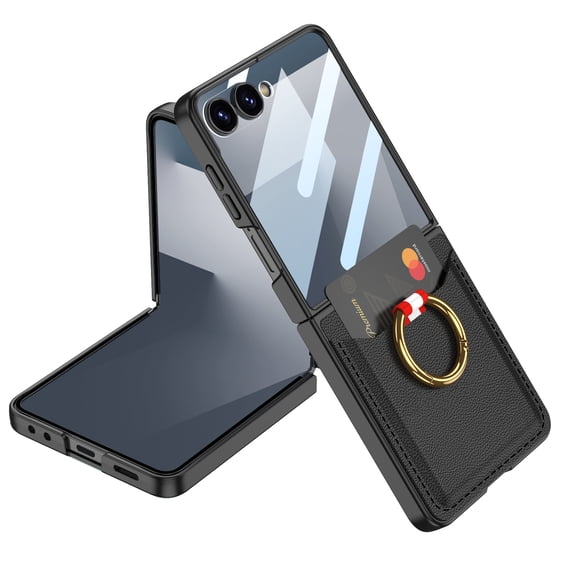 Decase Case for Samsung Galaxy Z Flip 7, Shockproof Ring Stand Case with Built-in Screen Protector & Card Slot,Black