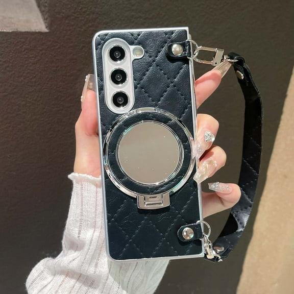 Decase Case for Samsung Galaxy Z Fold 7, Mirror Stand Phone Case with Hand Strap,Wireless Charging Compatible, Black