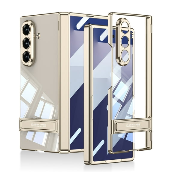 Decase Case for Samsung Galaxy Z Fold 7, Transparent Phone Case with Built-in Screen Protector, Magnetic Hinge Protection Cover with Kickstand,Gold