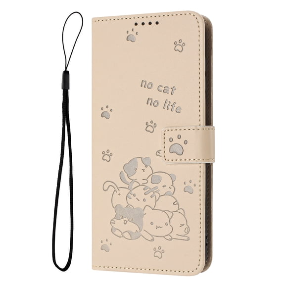 Decase Case for iPhone 11, Embossed Cat Wallet Leather Case Cover with Cash Slots & Wrist Strap,Beige