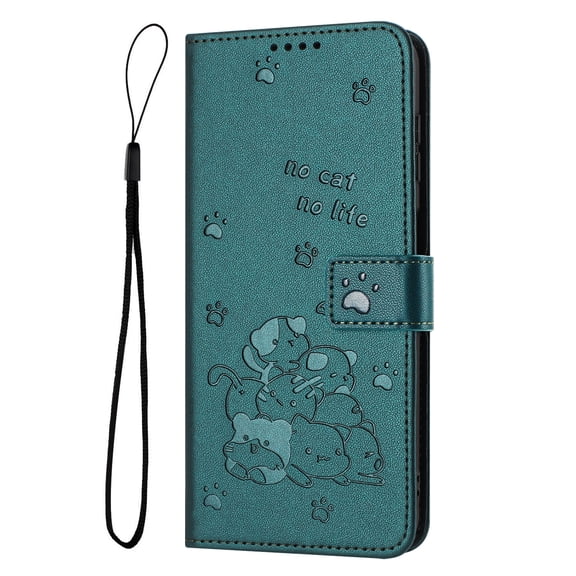 Decase Case for iPhone 11, Embossed Cat Wallet Leather Case Cover with Cash Slots & Wrist Strap,Darkgreen