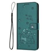 Decase Case for iPhone 11, Embossed Cat Wallet Leather Case Cover with Cash Slots & Wrist Strap,Darkgreen