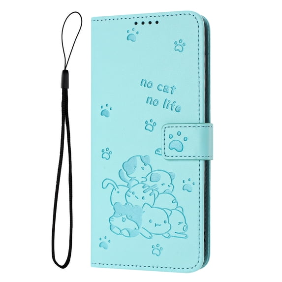 Decase Case for iPhone 11, Embossed Cat Wallet Leather Case Cover with Cash Slots & Wrist Strap,Green
