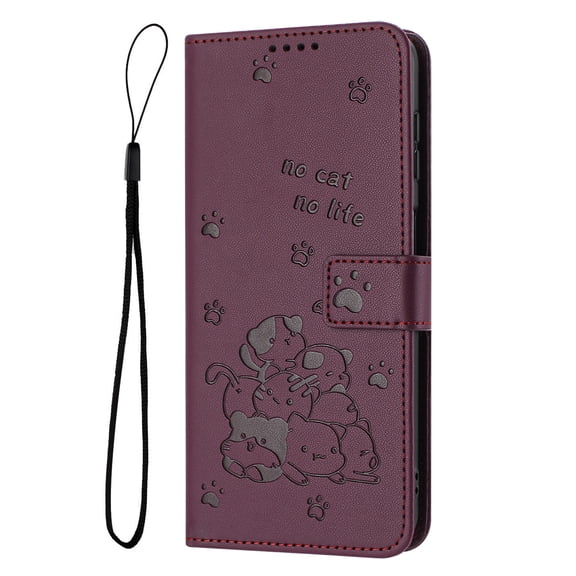 Decase Case for iPhone 11, Embossed Cat Wallet Leather Case Cover with Cash Slots & Wrist Strap,Maroon