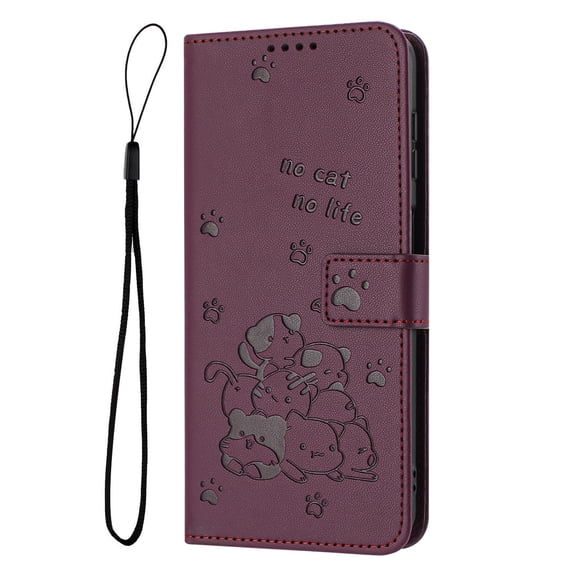 Decase Case for iPhone 12 Pro / 12 6.1", Embossed Cat Wallet Leather Case Cover with Cash Slots & Wrist Strap,Maroon