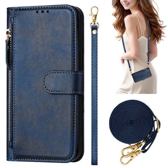 Decase Case for iPhone 13 Pro Max, Wallet Phone Case Leather Stand Cover with Shoulder Strap, Wireless Charging,Blue
