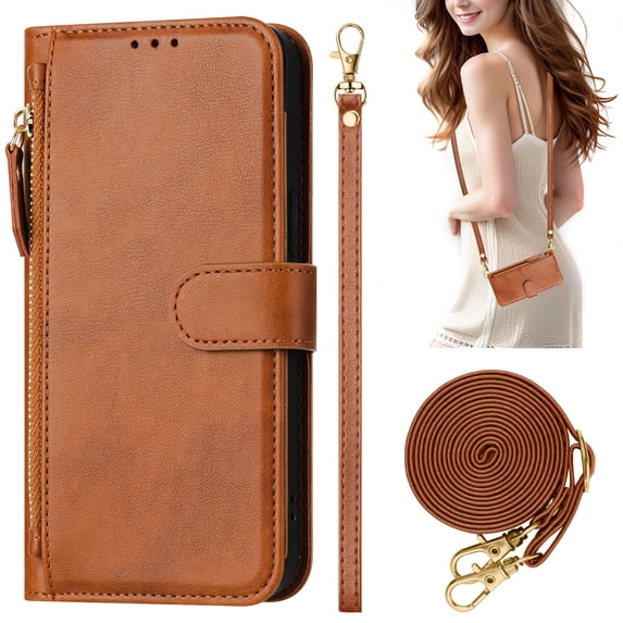 Decase Case for iPhone 13 Pro Max, Wallet Phone Case Leather Stand Cover with Shoulder Strap, Wireless Charging,Brown