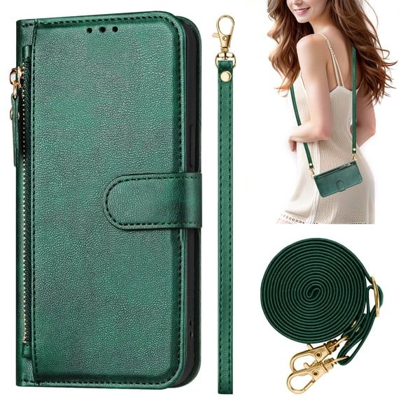 Decase Case for iPhone 13 Pro, Wallet Phone Case Leather Stand Cover with Shoulder Strap, Wireless Charging,Darkgreen