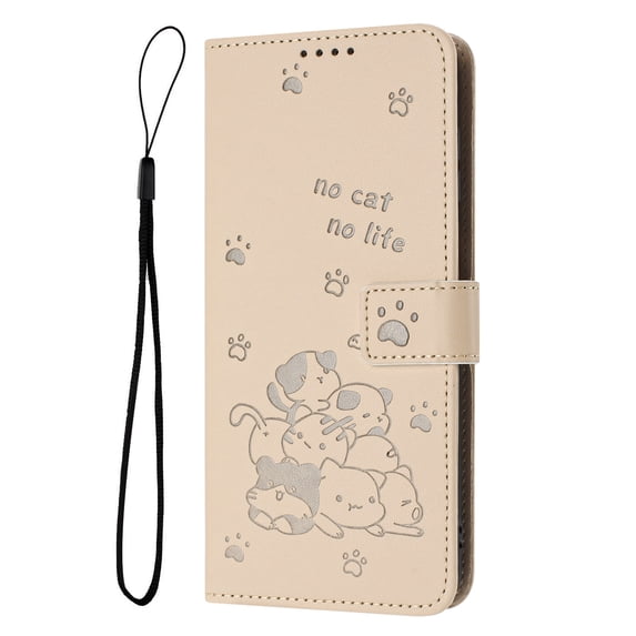 Decase Case for iPhone 14 Pro Max, Embossed Cat Wallet Leather Case Cover with Cash Slots & Wrist Strap,Beige