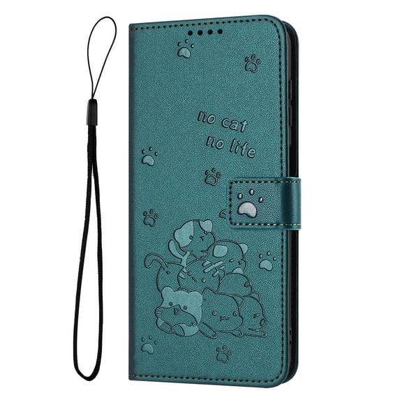 Decase Case for iPhone 14 Pro Max, Embossed Cat Wallet Leather Case Cover with Cash Slots & Wrist Strap,Darkgreen