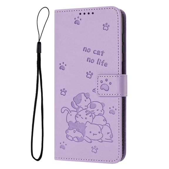 Decase Case for iPhone 15, Embossed Cat Wallet Leather Case Cover with Cash Slots & Wrist Strap,Purple