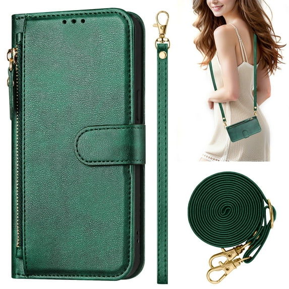 Decase Case for iPhone 15, Wallet Phone Case Leather Stand Cover with Shoulder Strap, Wireless Charging,Darkgreen