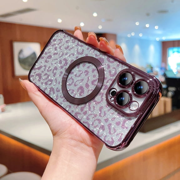 Decase Case for iPhone 16 Pro,Shockproof Leopard Print Glitter Magnetic Cover,Plating TPU Bumper Protective Case,Darkpurple