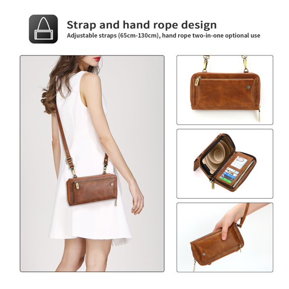 Decase Case iPhone 14 6.1" 2022, Vintage Durable c Zipper Wallet Card Slots Flip Kickstand Crossbody Lanyard Slim Magnetic Drop-resistnt Slim Luxury Fashion Convenient Case for Girls & Women, Brown