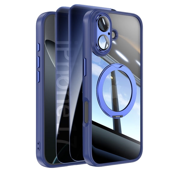 Decase Clear Case for iPhone 17 2025,Shockproof Rotate Stand Case,Bulit-in Full Lens Protector,Slim Transparent Back Cover,Rugged Phone Case with 2x Privacy Screen Glass Flim,Blue