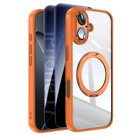 Decase Clear Case for iPhone 17 2025,Shockproof Rotate Stand Case,Bulit-in Full Lens Protector,Slim Transparent Back Cover,Rugged Phone Case with 2x Privacy Screen Glass Flim,Orange