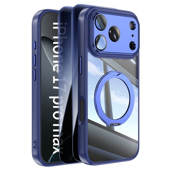 Decase Clear Case for iPhone 17 Pro Max 2025,Shockproof Rotate Stand Case,Bulit-in Full Lens Protector,Slim Transparent Back Cover,Rugged Phone Case with 2x Privacy Screen Glass Flim,Blue