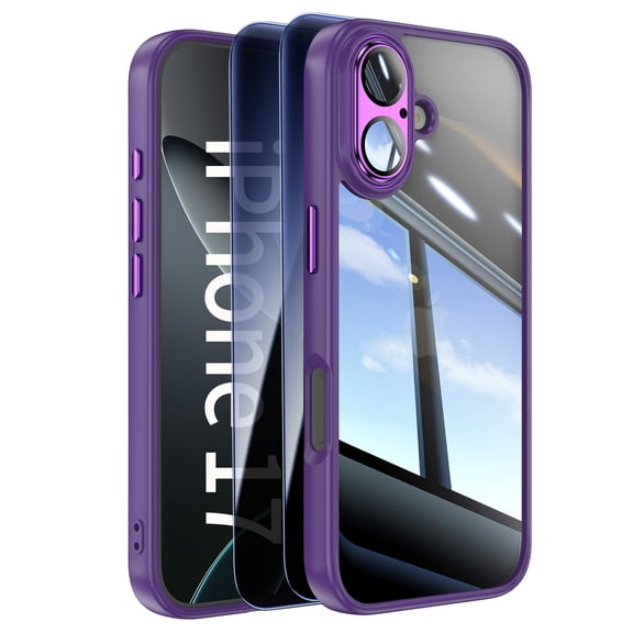 Decase Clear Case for iPhone 17,Transparent Back Cover,Rugged PC+TPU Hybrid Full Lens Protector Phone Case with 2-Pieces Privacy Glass Screen Protector,Darkpurple