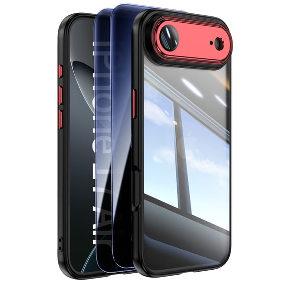 Decase Clear Case for iPhone Air,Transparent Back Cover,Rugged PC+TPU Hybrid Full Lens Protector Phone Case with 2-Pieces Privacy Glass Screen Protector,Blackred