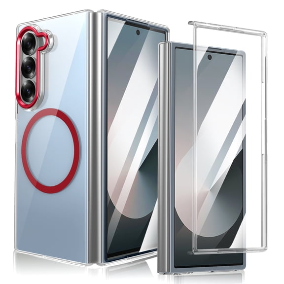 Decase Clear Magnetic Case for Samsung Galaxy Z Fold 6, Slim Hard Anti-Scratch Shockproof Magnetic Clear Case Built-in Screen Protector for Samsung Galaxy Z Fold 6,Red