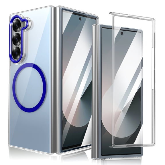 Decase Clear Magnetic Case for Samsung Galaxy Z Fold 7, Slim Hard Anti-Scratch Shockproof Magnetic Clear Case Built-in Screen Protector for Samsung Galaxy Z Fold 7,Blue