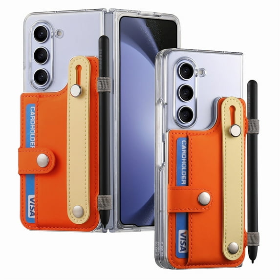Decase Clear Phone Shell for Samsung Galaxy Z Fold 5 5G 2023 7.6 inch,Transparent Crystal Anti-Scratch Cover With Finger Wristband Kickstand & Wallet Card Slots & Pen Slot for Samsung Z Fold 5,Orange