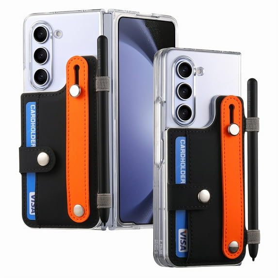 Decase Clear Phone Shell for Samsung Galaxy Z Fold 5 5G 2023 7.6 inch,Transparent Crystal Anti-Scratch Cover With Finger Wristband Kickstand & Wallet Card Slots & Pen Slot for Samsung Z Fold 5,Black