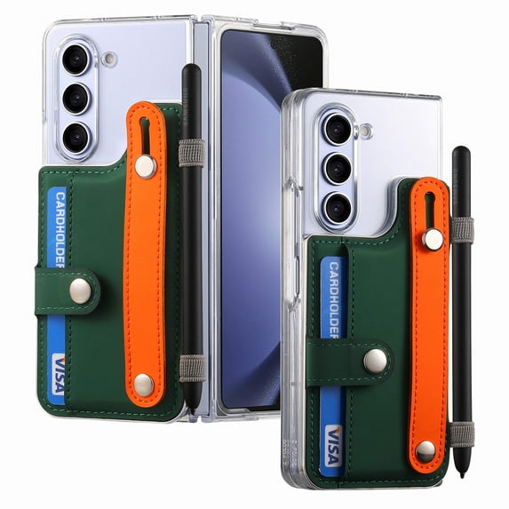 Decase Clear Phone Shell for Samsung Galaxy Z Fold5 5G 2023 7.6 inch,Transparent Crystal Anti-Scratch Cover With Finger Wristband Kickstand & Wallet Card Slots & Pen Slot for Samsung Z Fold5,Darkgreen