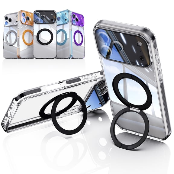 Decase Clear Rugged Phone Case for iPhone 17 Pro with 360° Rotating Ring Kickstand, Built-in Lens Protector, Shockproof Hard Cover,Black