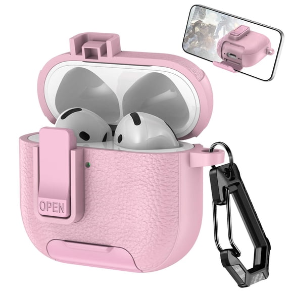 Decase Compatible with Airpods 4th Gen Case with Phone Stand,Full Body Drop Protection Cover Automatic Snap Switch Lock Design w/ Carabiner Keychain Headphone Case Fits for Airpods 4th Gen,Pink
