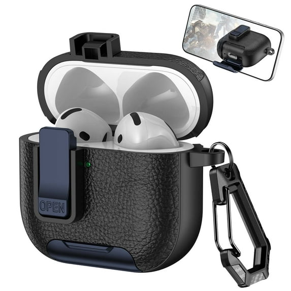 Decase Compatible with Airpods 4th Gen Case with Phone Stand,Full Body Drop Protection Cover Automatic Snap Switch Lock Design w/ Carabiner Keychain Headphone Case Fits for Airpods 4th Gen,Blueblack